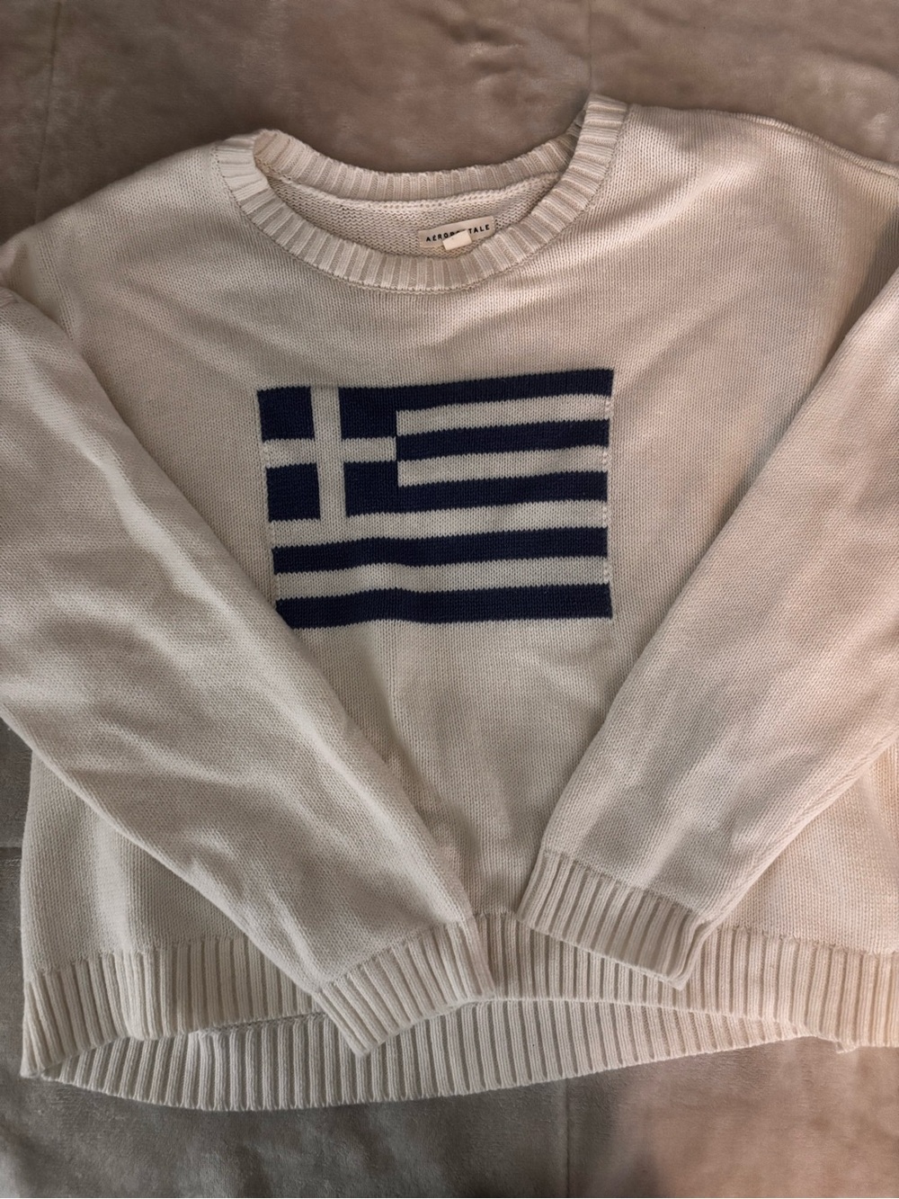 Aeropostale Cream Crewneck Sweater with Navy Flag Graphic